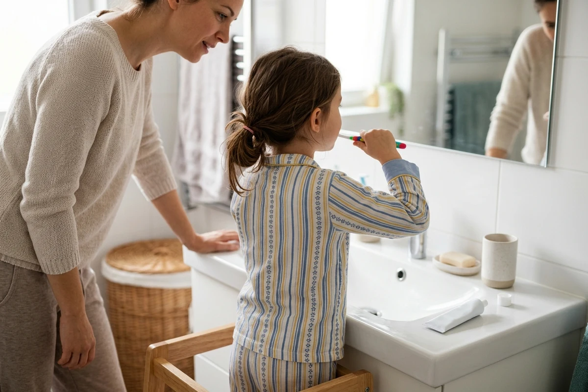 Child brushing teeth at a bathroom sink with a parent nearby