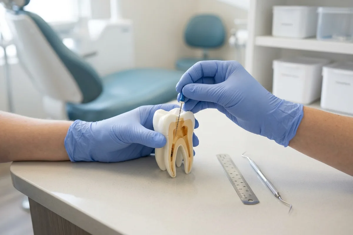 root canal treatment dental model and materials in a bright clinical setting