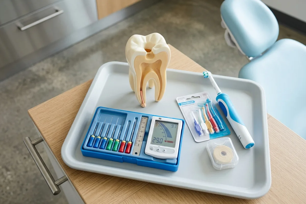 root canal treatment dental model and materials in a bright clinical setting