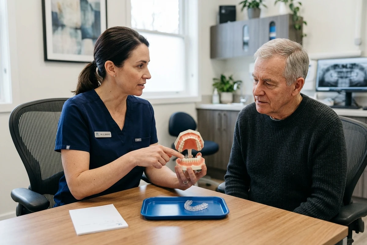 Dentist explaining a bite model and night guard to a patient
